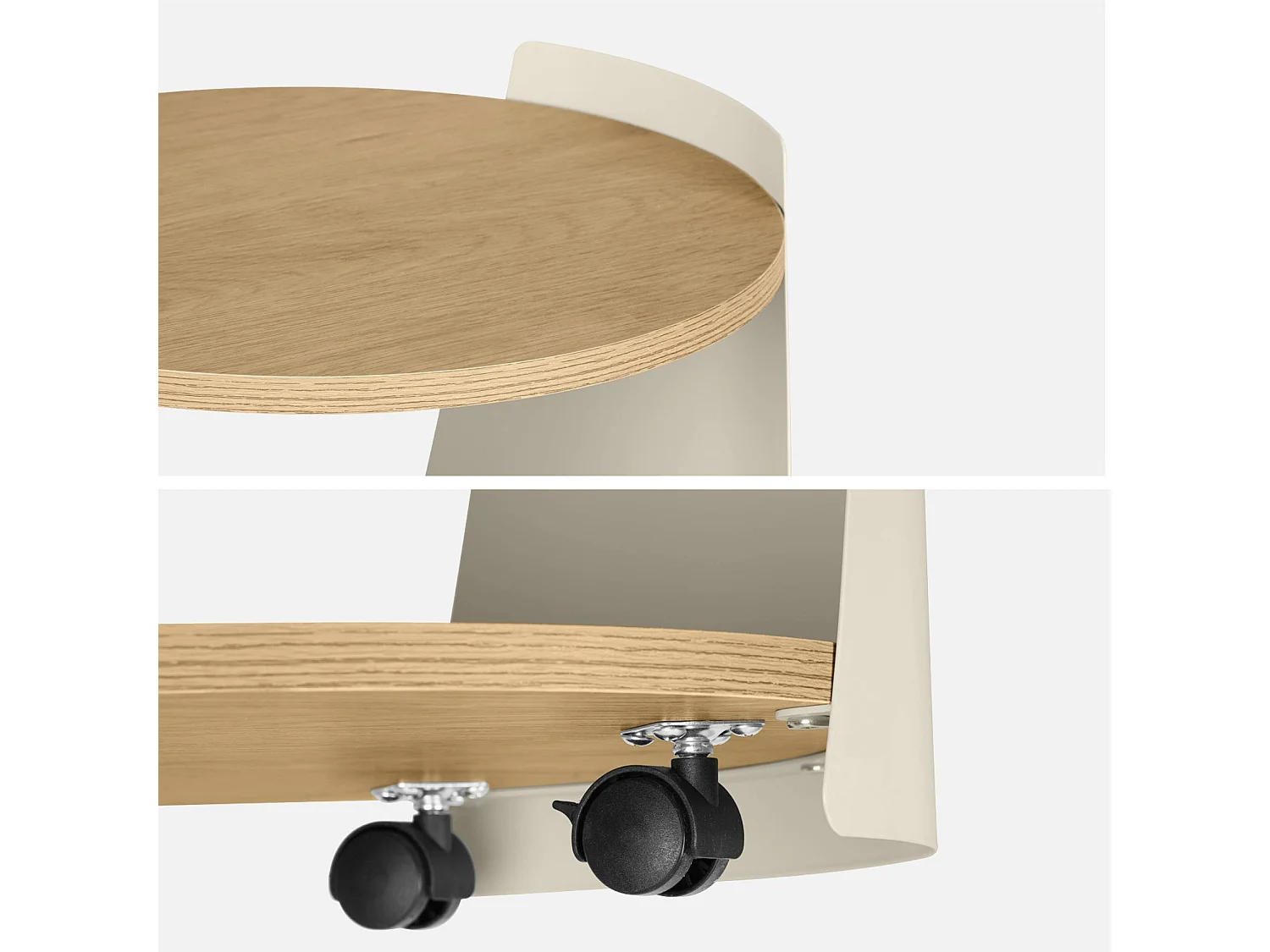 Tavolino in metallo curvato e legno con ruote, beige