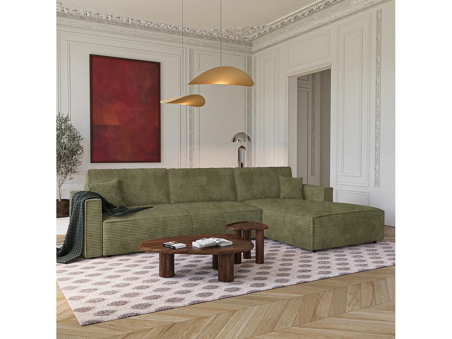 Canapé d'angle droit convertible avec coffre  en Velours côtelé