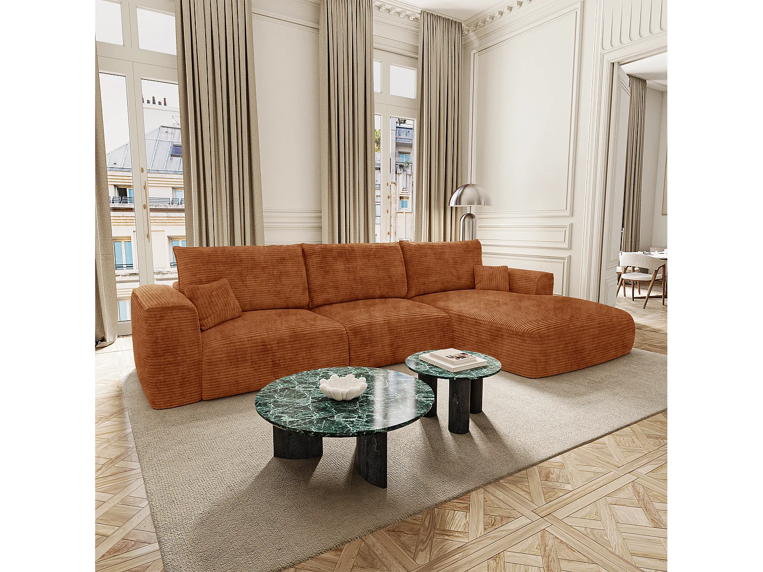 Canapé d'angle droit convertible avec coffre COMO en Velours côtelé