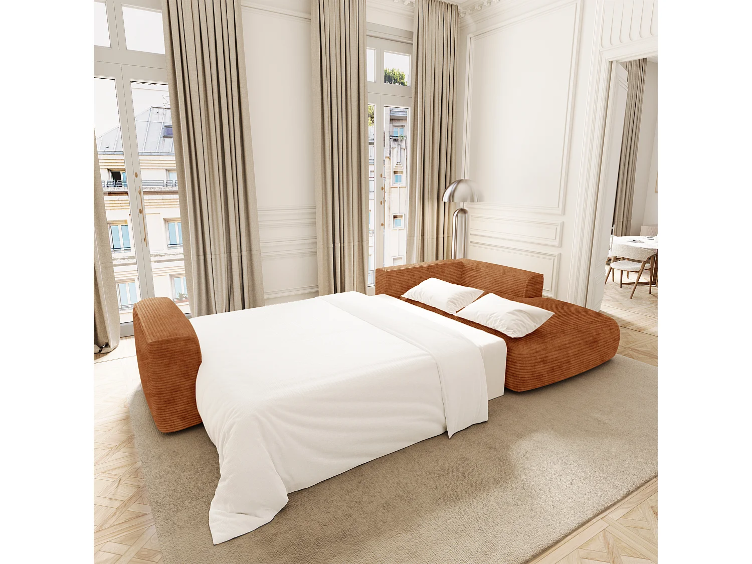 Canapé d'angle droit convertible avec coffre COMO en Velours côtelé