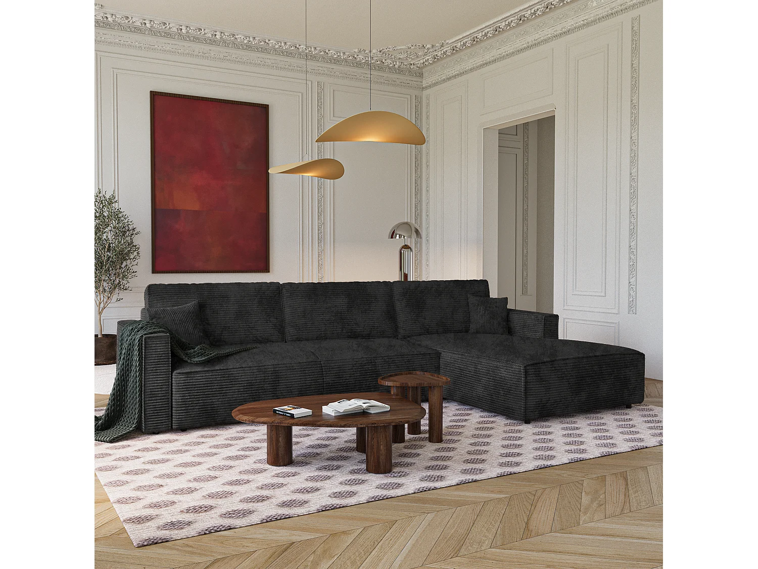 Canapé d'angle droit convertible avec coffre  en Velours côtelé