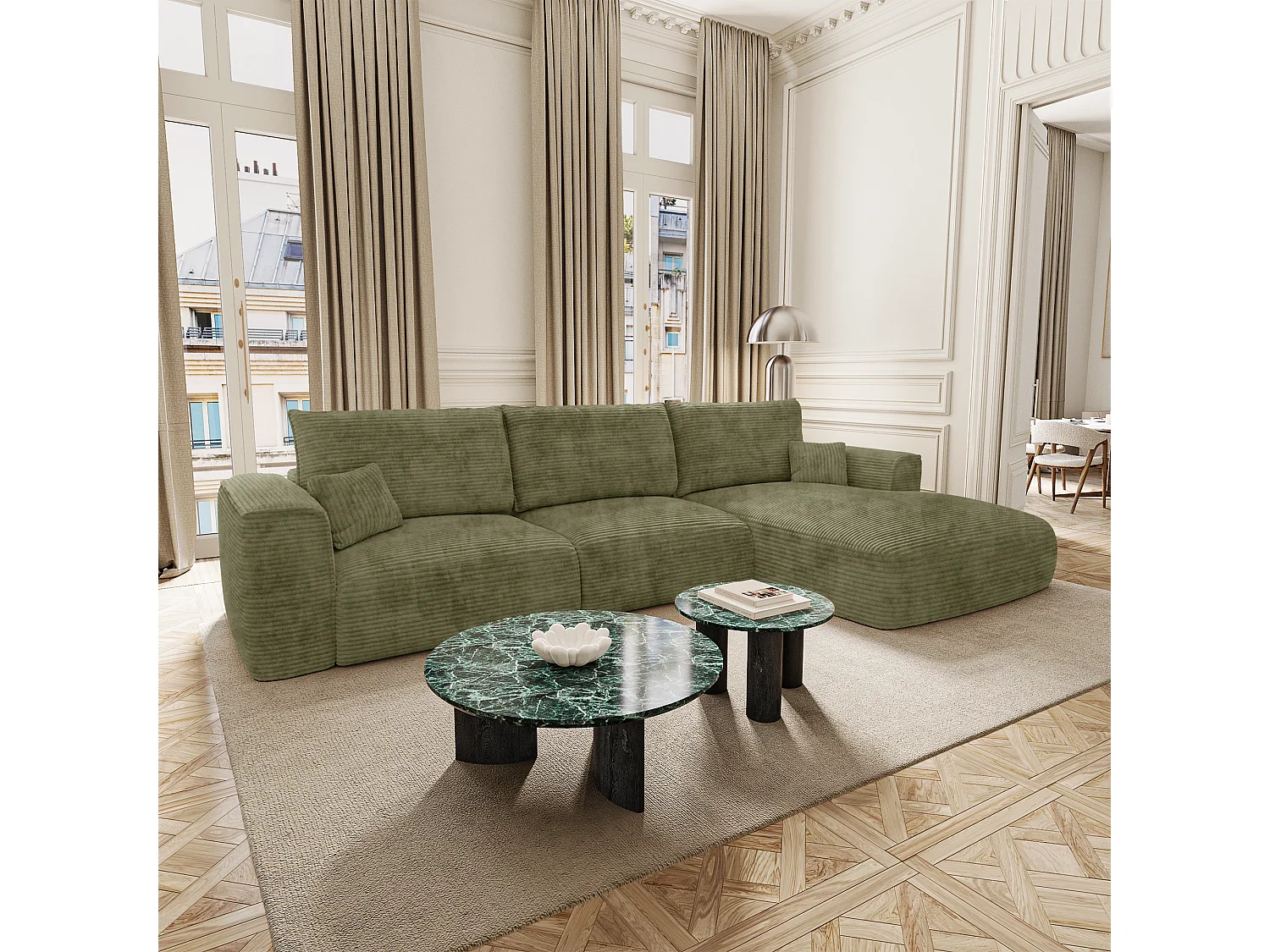 Canapé d'angle droit convertible avec coffre COMO en Velours côtelé