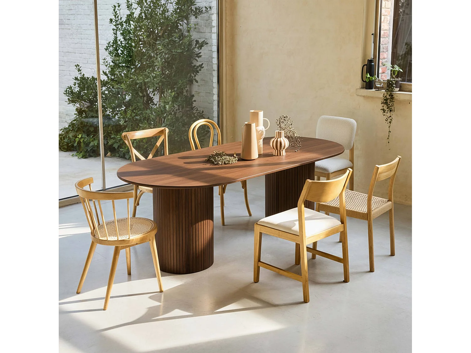 Table à manger oblongue bois d'hévéa et placage chêne 8 places noyer - L 220 x P 100 x H 73 cm - Estelle