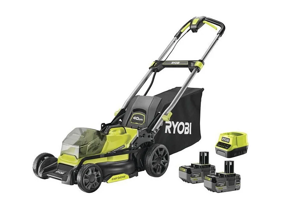 RYOBI 18V Brushless duwmaaier Ø40 cm met 2 batterijen 4Ah, opvang en mulchen, snellader