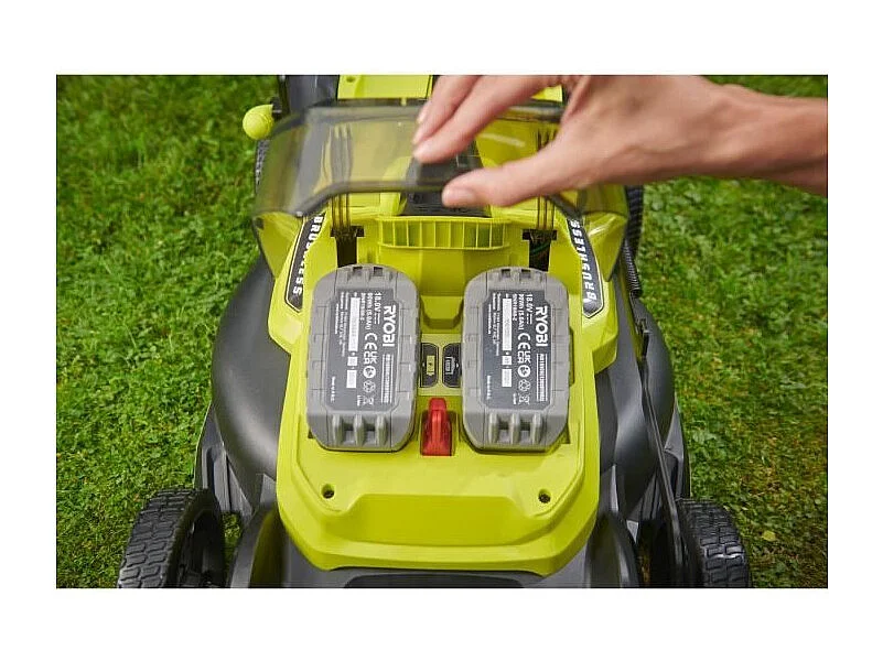 RYOBI 18V Brushless duwmaaier Ø40 cm met 2 batterijen 4Ah, opvang en mulchen, snellader