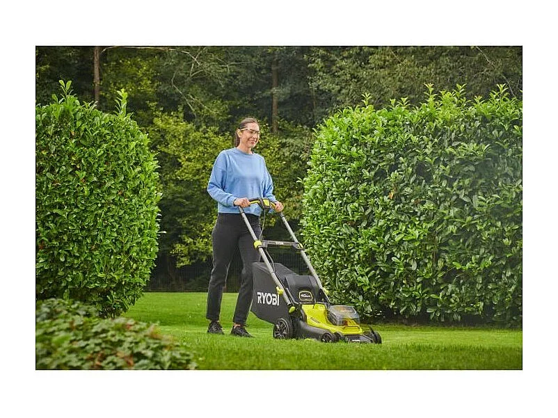 RYOBI 18V Brushless duwmaaier Ø40 cm met 2 batterijen 4Ah, opvang en mulchen, snellader