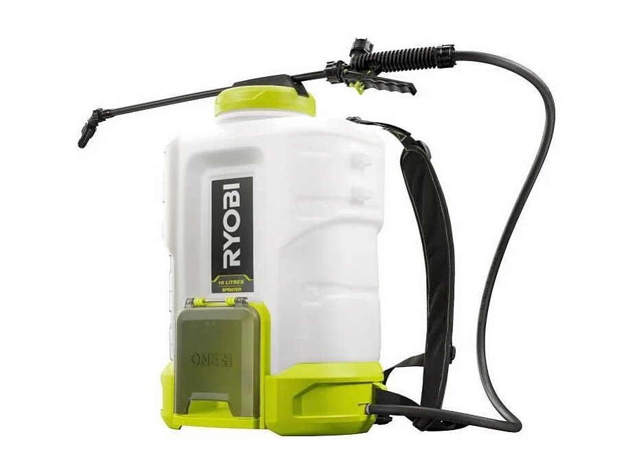 Plecakowy opryskiwacz RYOBI 18V One+ 15L, regulowane ciśnienie 2,4-6,2 bar, 2 dysze, lancet 147,5 cm, bez baterii