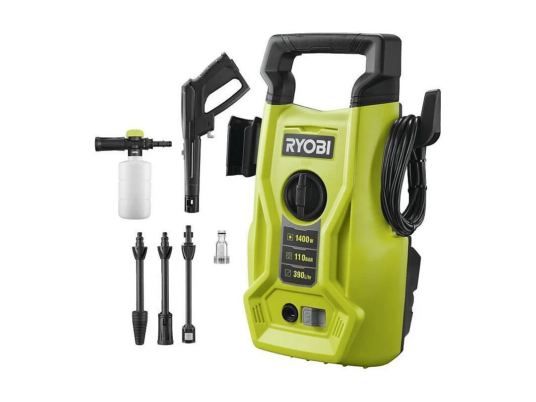 Nettoyeur haute pression - RYOBI - 1400 W - 110 bars - 390 L - Flexible 5 m PVC - Lance vario - Lance turbo - Buse détergent 0,