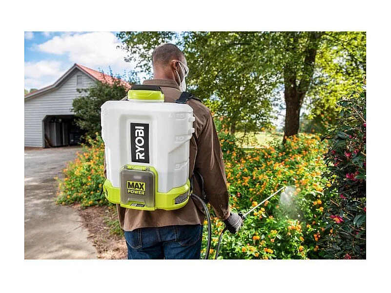 Plecakowy opryskiwacz RYOBI 15L 36V Lithium+ z lancą 120 cm, regulowane ciśnienie 0,4-6,2 bar, przepływ 1,2 l/min