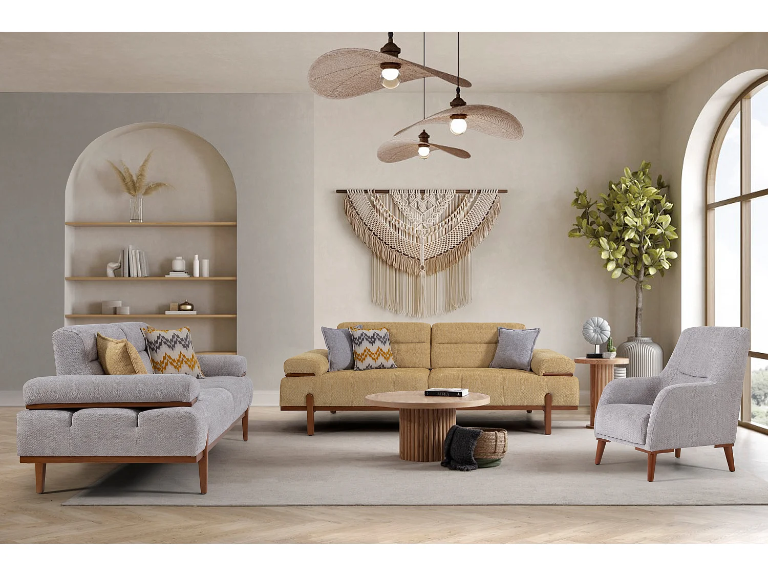 Set Divano Spring 3 pezzi Giallo‑Grigio – 2 divani 3 posti + poltrona, 2 letti 90×200 cm