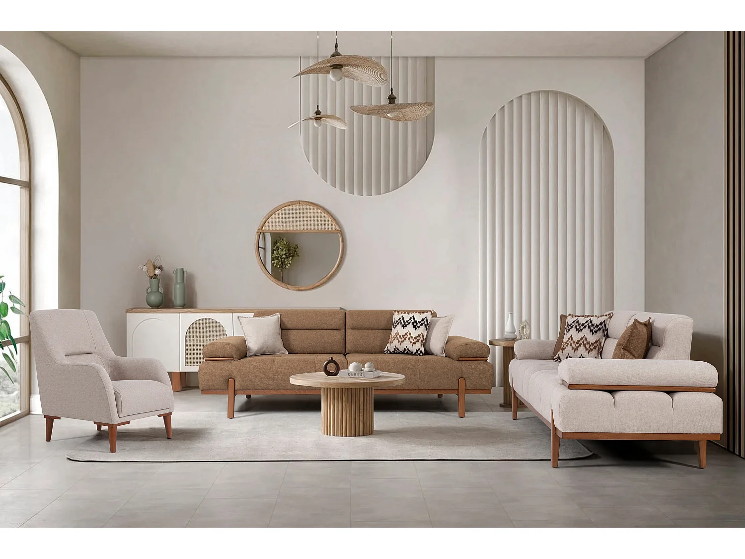 Ensemble de canapé Spring 3 pièces Marron-Beige – 2 trois places & fauteuil