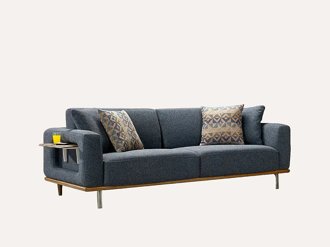 Minola Sofa Set mit Ausziehtisch, Blau und Holz, 3-teilig