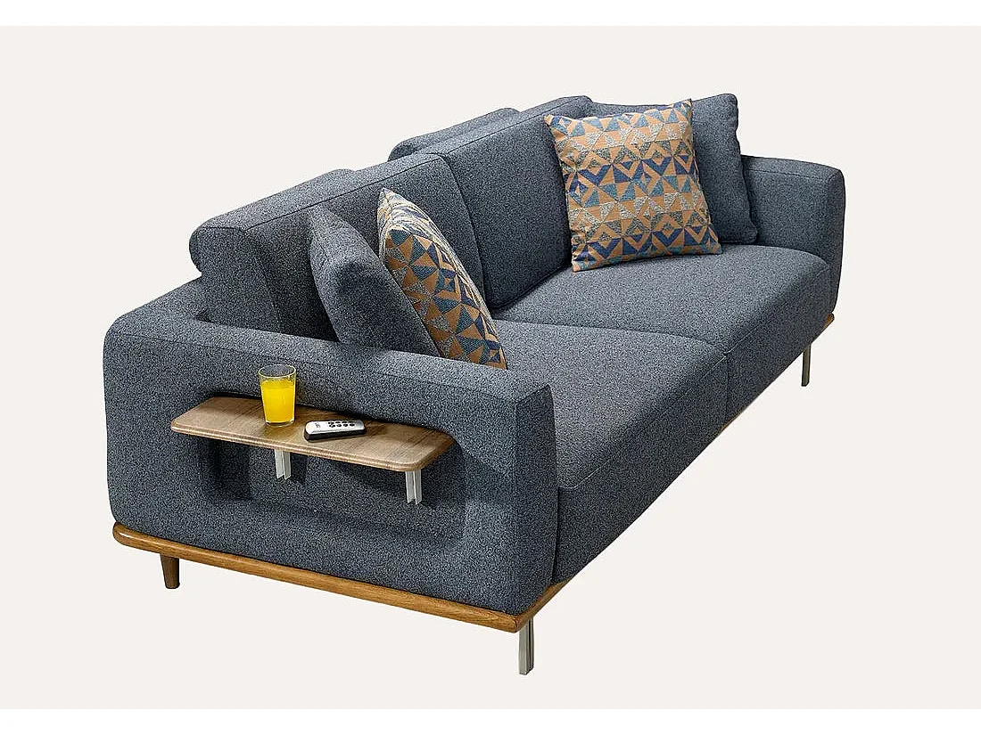 Minola Sofa Set mit Ausziehtisch, Blau und Holz, 3-teilig