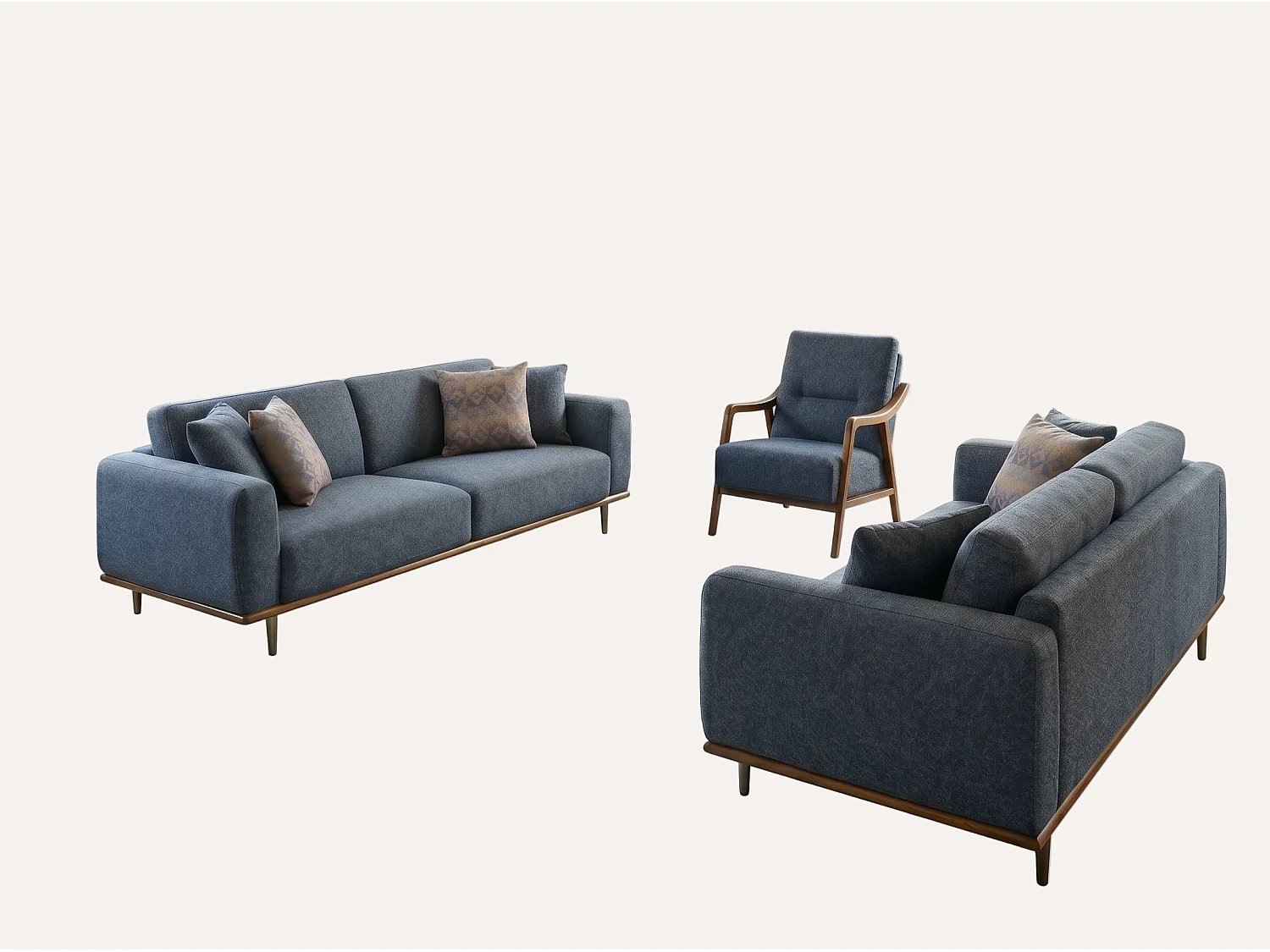 Minola Sofa Set mit Ausziehtisch, Blau und Holz, 3-teilig
