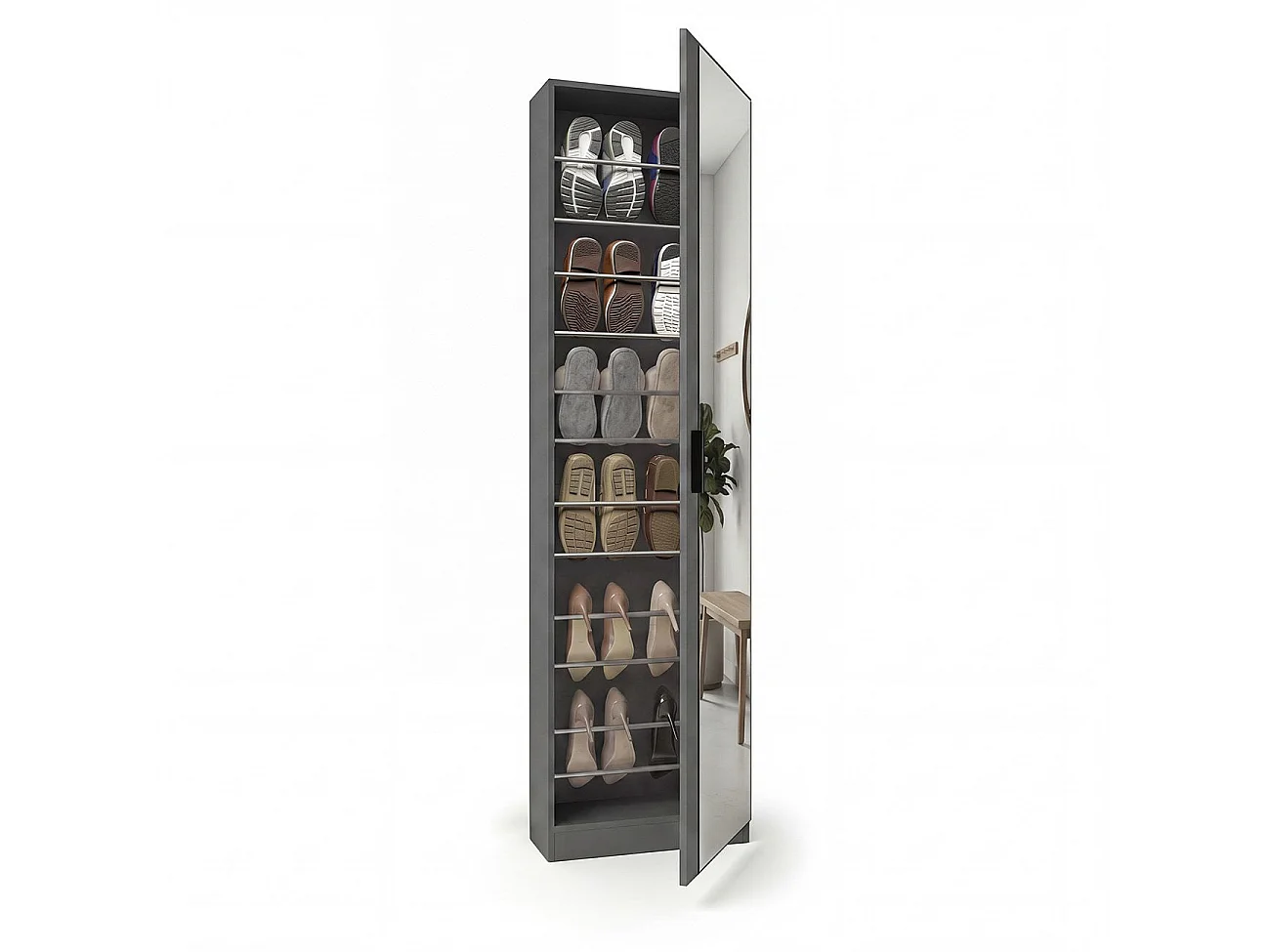 Zapatero alto de 1 puerta con espejo en gris grafito 180x50 cm Roma Gris Grafito