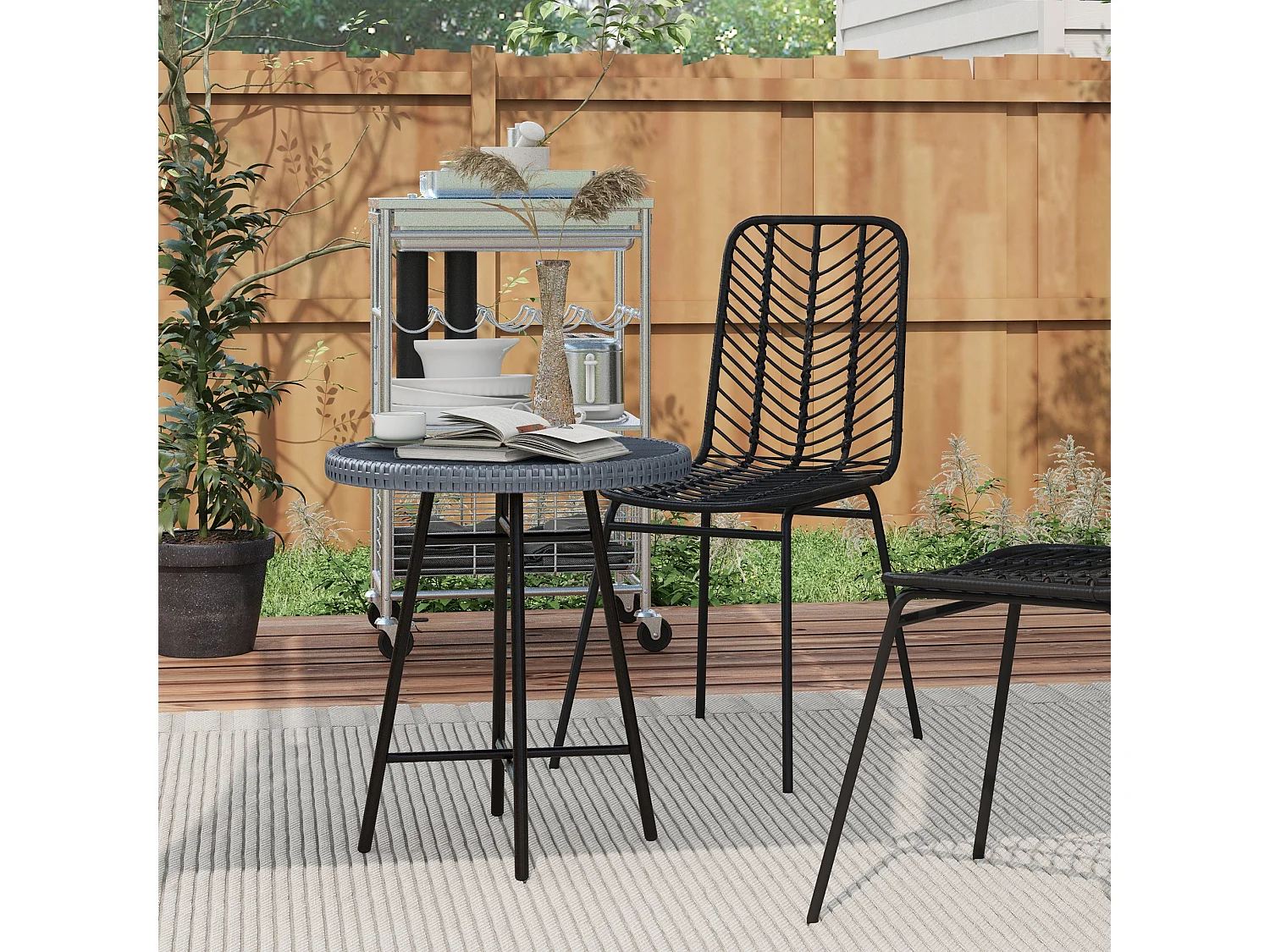 EasyComfort Tavolino da Giardino Moderno con Piano in Plastica di Legno, in Rattan e Acciaio, 50x50x55 cm, Grigio e Nero