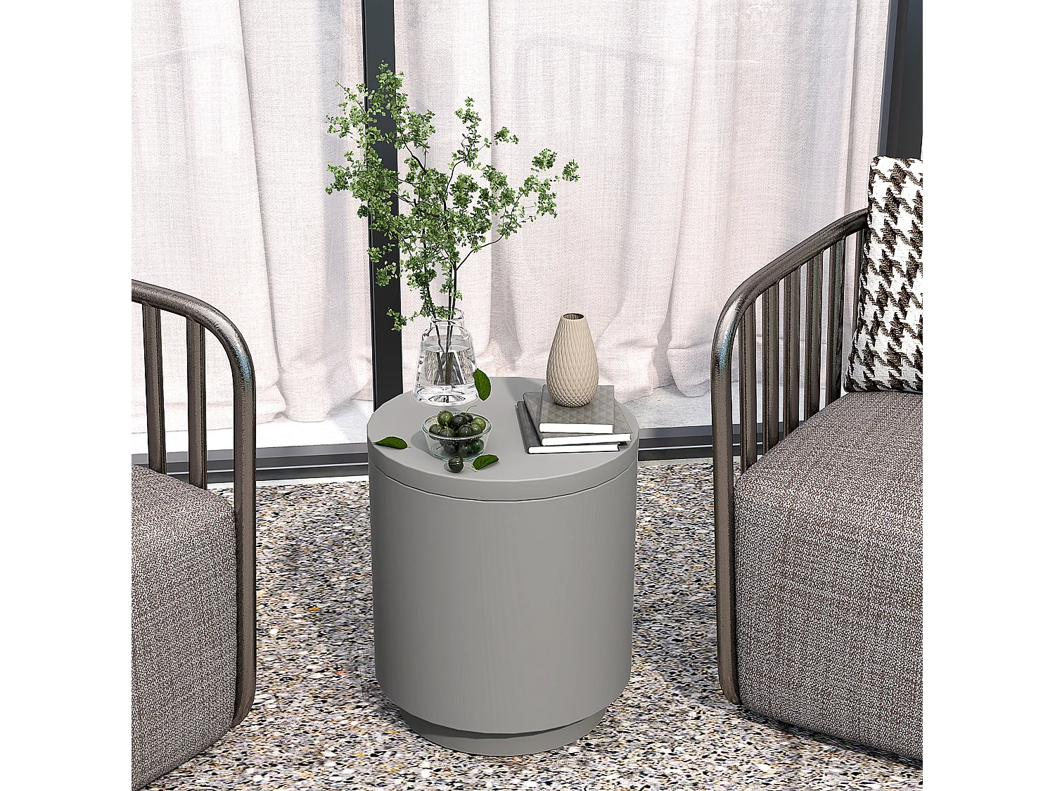 EasyComfort Tavolino Multiuso con Secchiello Ghiaccio e Coperchio, in Cemento e Acciaio Inox, Ø37.5x43.5 cm, Grigio Chiaro