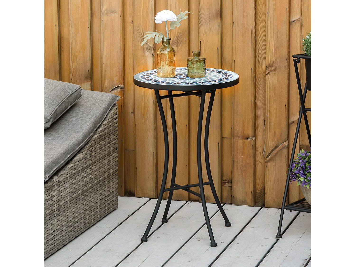 Easycomfort Tavolino da Giardino Rotondo in Metallo con Piano in Ceramica, Design a Mosaico, Ф35.5x53.5cm, Blu