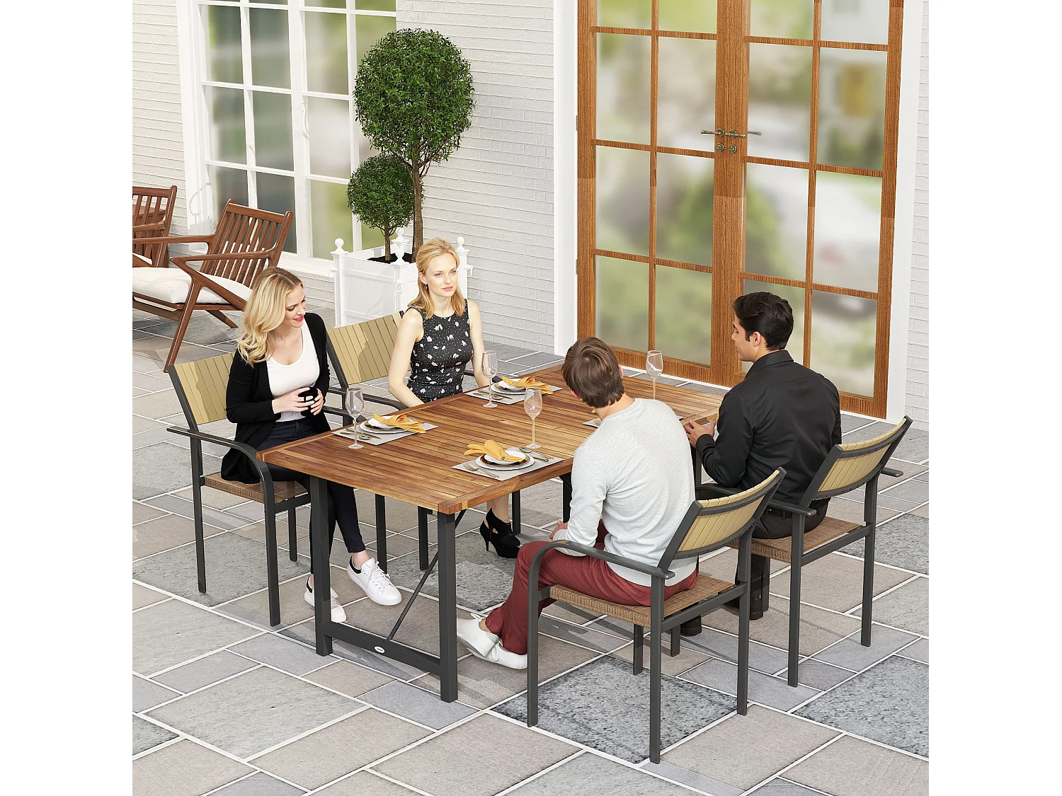 EasyComfort Tavolo da Giardino 160x90 cm in Legno di Acacia e Acciaio con Piano a Doghe, Teak