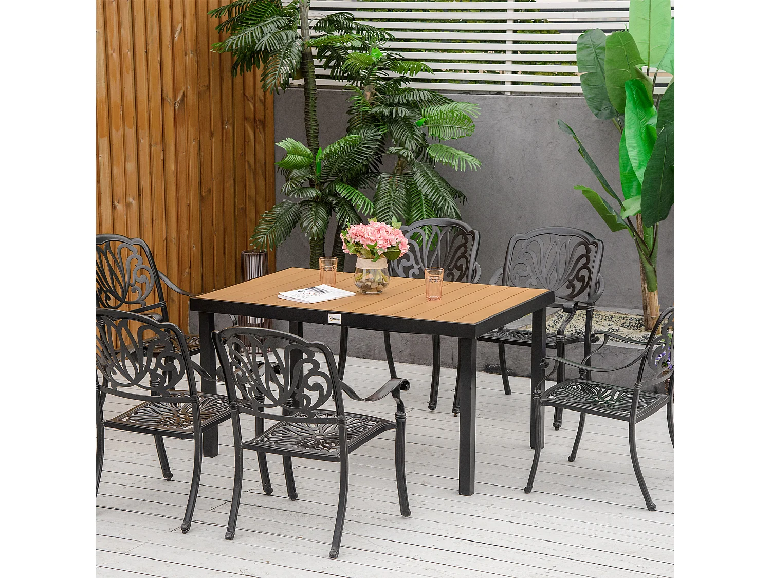 Easycomfort Tavolo da Giardino per 6 Persone in Alluminio e Plastica, Nero e Color Legno