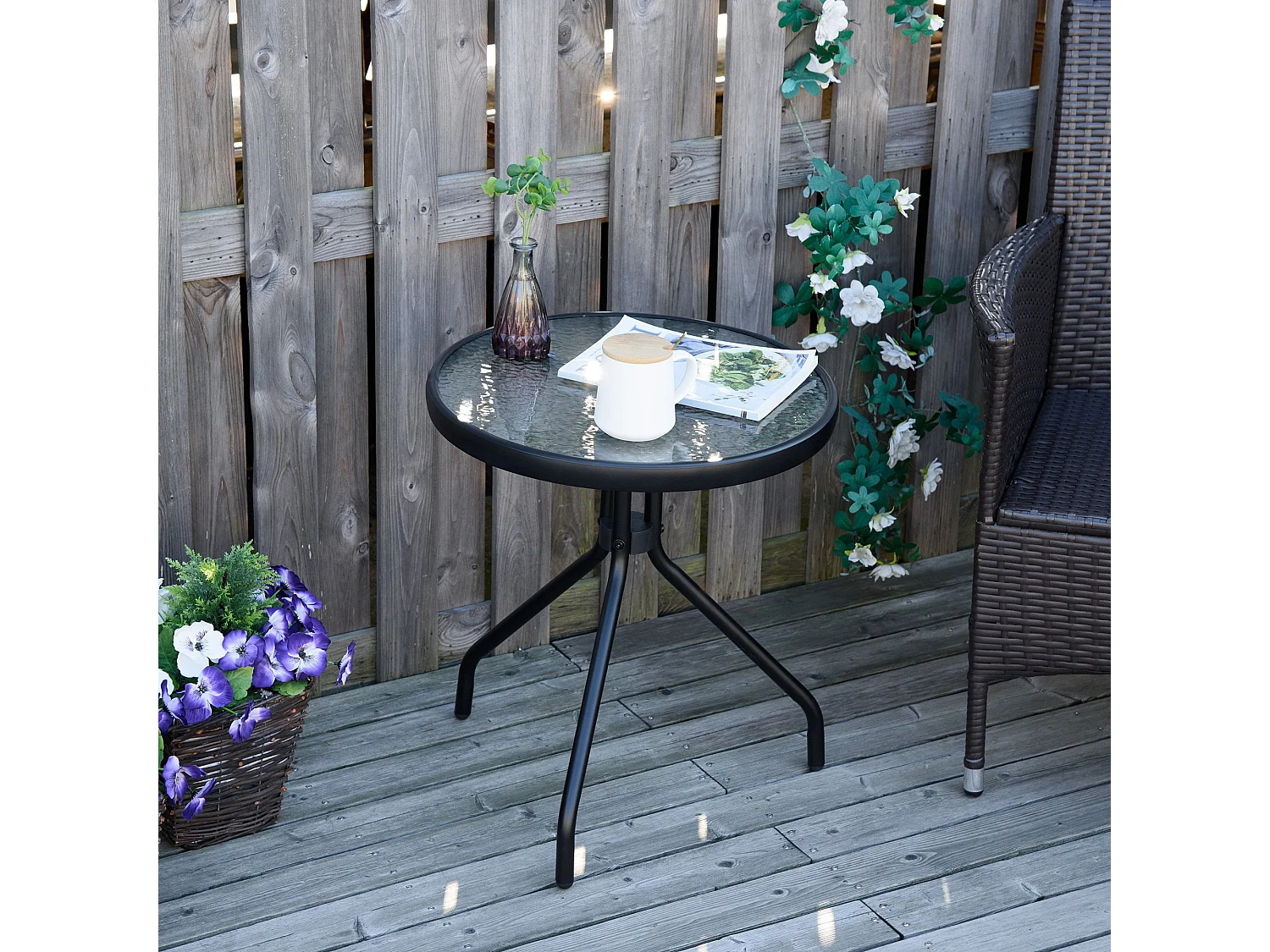 Easycomfort Tavolino da Giardino Rotondo con Ripiano in Vetro e Struttura in Metallo, Φ50x55cm, Nero