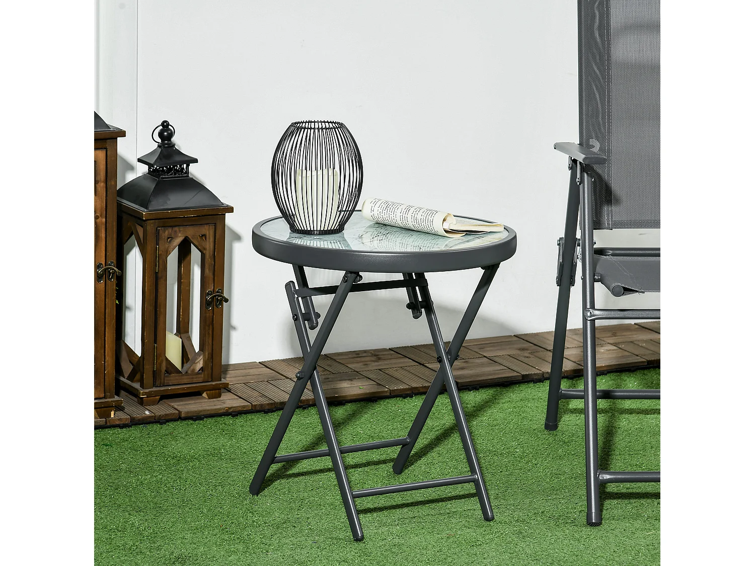 EasyComfort Tavolino da Caffè per Giardino Pieghevole con Piano in Vetro Effetto Marmo, Ø45x50cm, Grigio