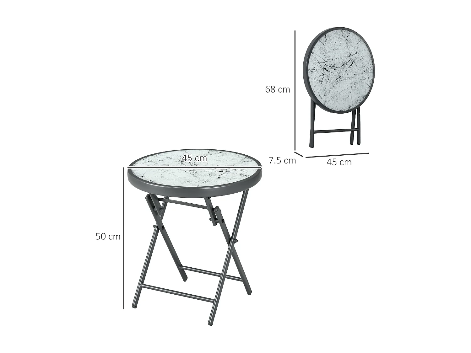 EasyComfort Tavolino da Caffè per Giardino Pieghevole con Piano in Vetro Effetto Marmo, Ø45x50cm, Grigio