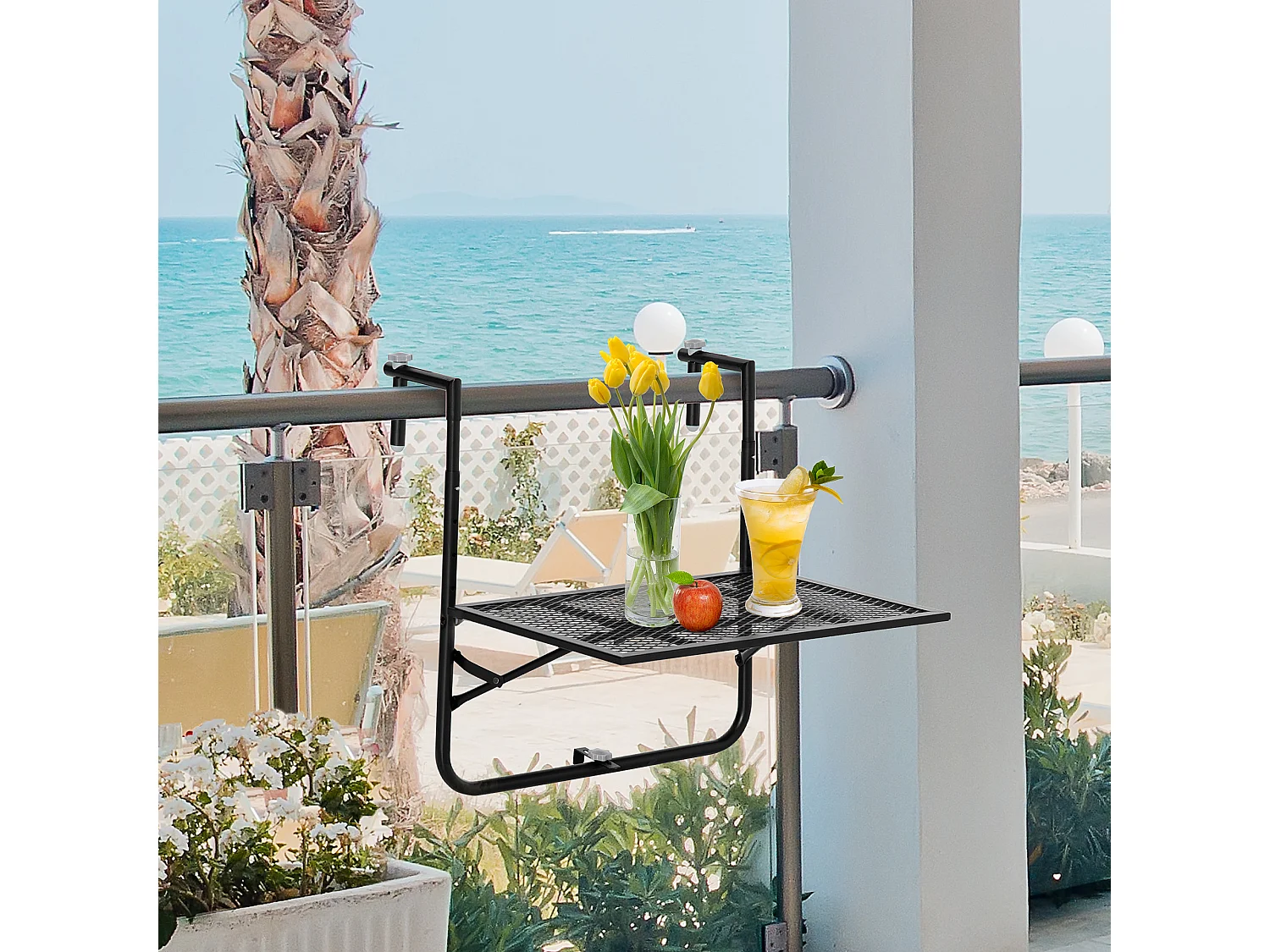 Easycomfort Tavolo da Ringhiera Pieghevole e Regolabile in Metallo, 60x60x57-72cm, Nero