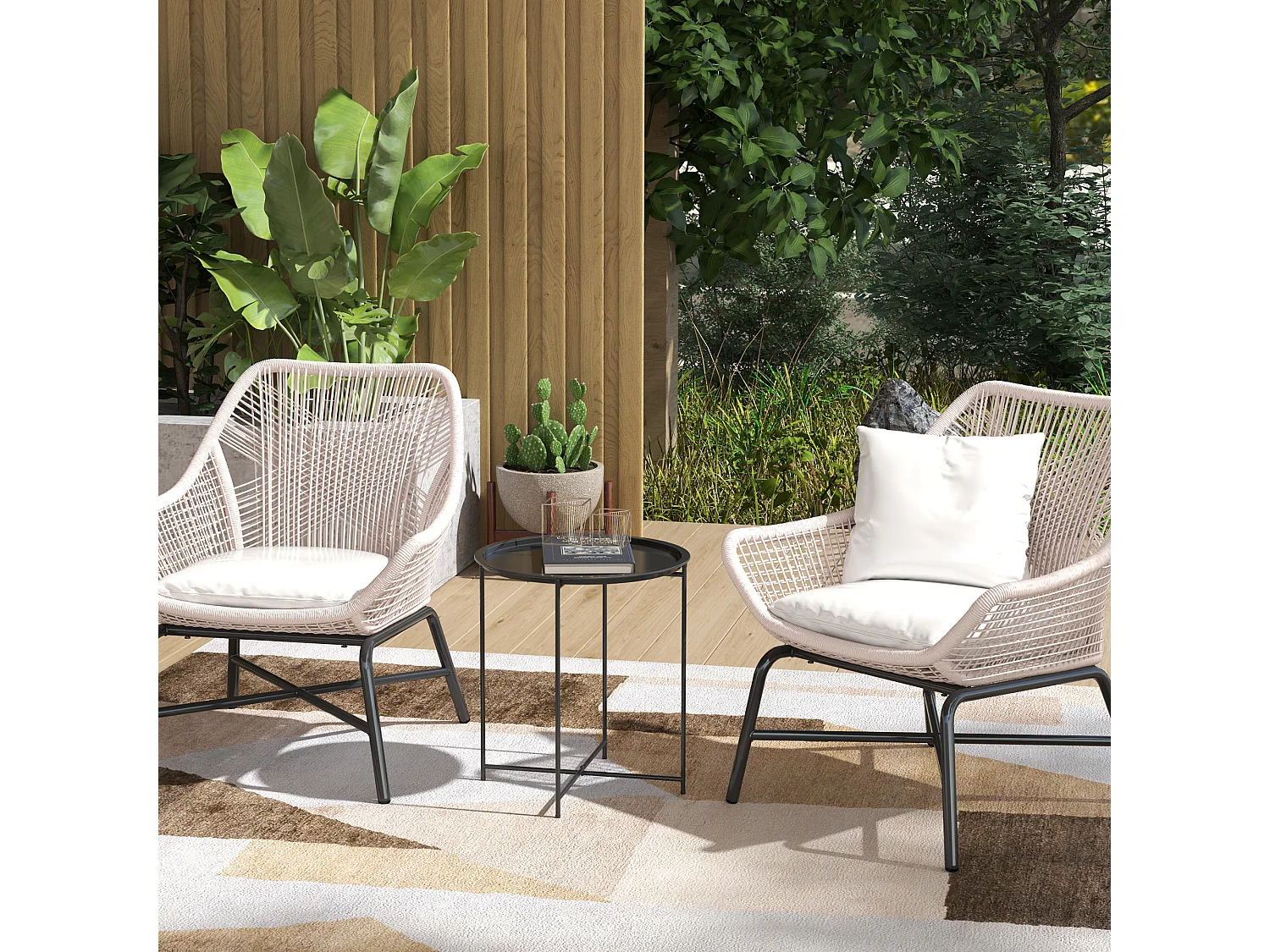 EasyComfort Tavolino da Giardino con Vassoio Rimovibile e Gambe Pieghevoli in Acciaio, Ø46x50 cm, Nero
