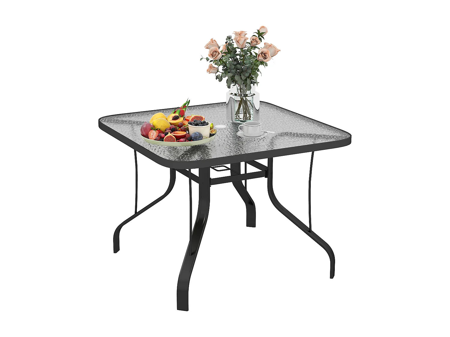 EasyComfort Tavolo da Giardino Quadrato a 4 Posti con Piano in Vetro e Foro per Ombrellone Ø54 mm, Nero