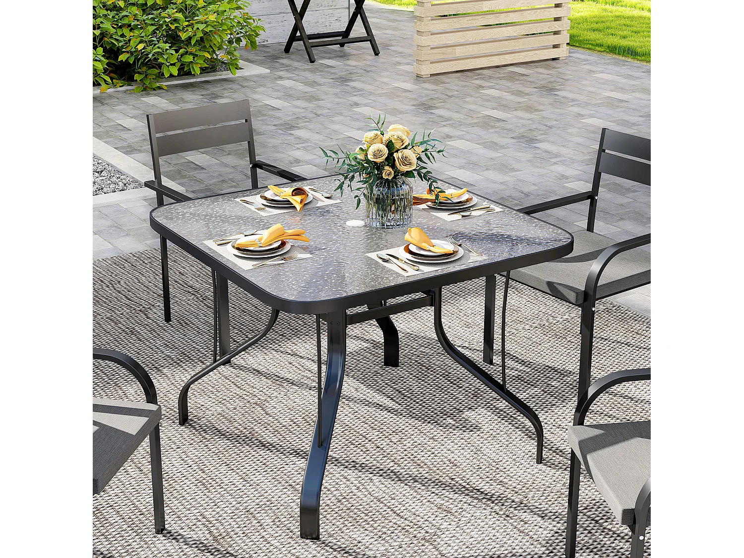 EasyComfort Tavolo da Giardino Quadrato a 4 Posti con Piano in Vetro e Foro per Ombrellone Ø54 mm, Nero