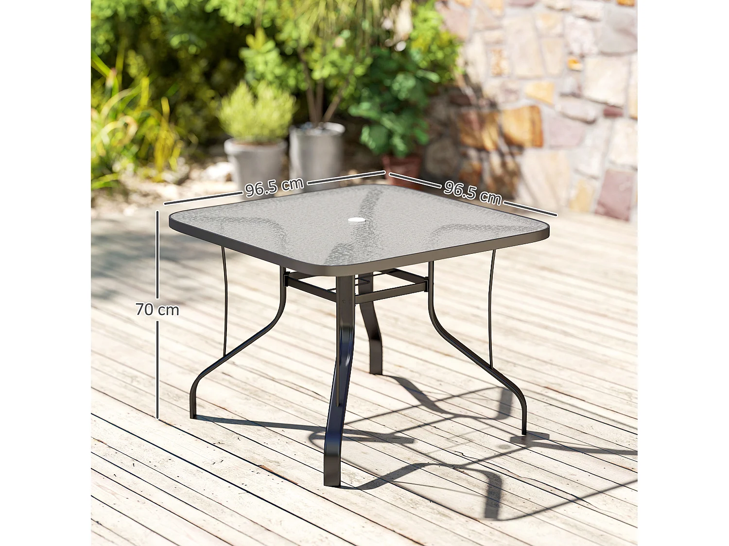 EasyComfort Tavolo da Giardino Quadrato a 4 Posti con Piano in Vetro e Foro per Ombrellone Ø54 mm, Nero