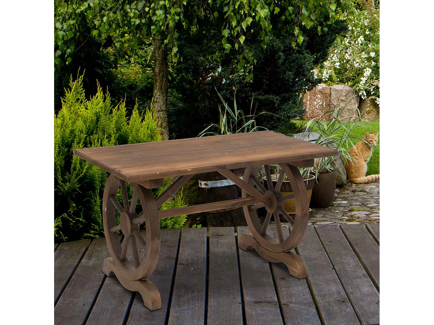 EasyComfort Tavolo da Giardino Stile Country con Gambe a Ruota, in Legno di Abete Resistente alle Intemperie, 110x60x65 cm