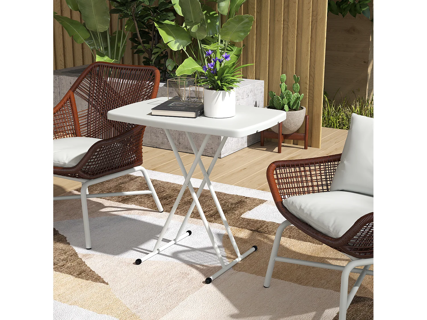 EasyComfort Tavolino da Giardino Pieghevole con Altezza Regolabile, Metallo e HDPE, Bianco