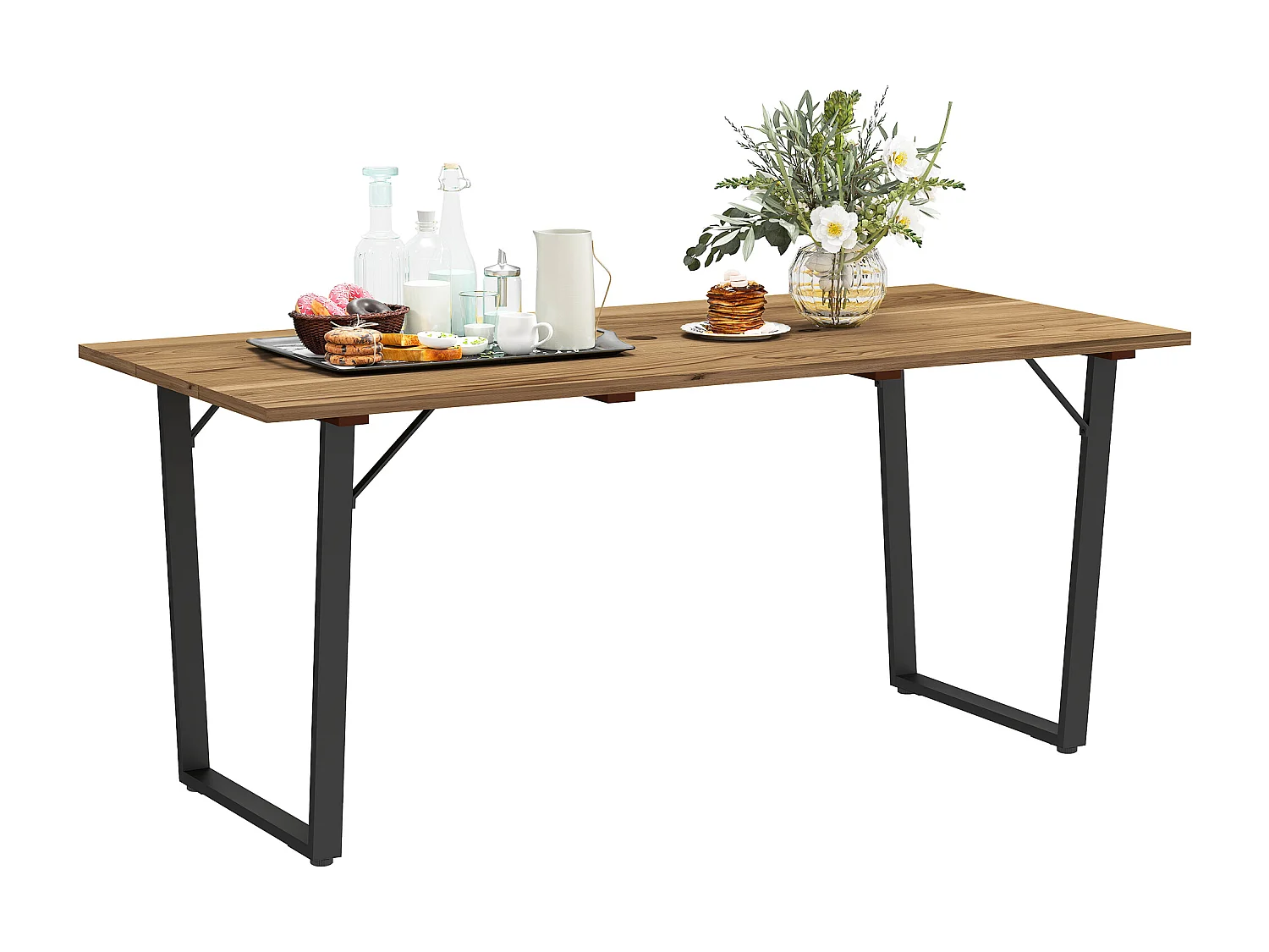 EasyComfort Tavolo da Giardino Rettangolare a 6 Posti con Foro per Ombrellone, Legno e Acciaio, 175x80x75 cm, Marrone