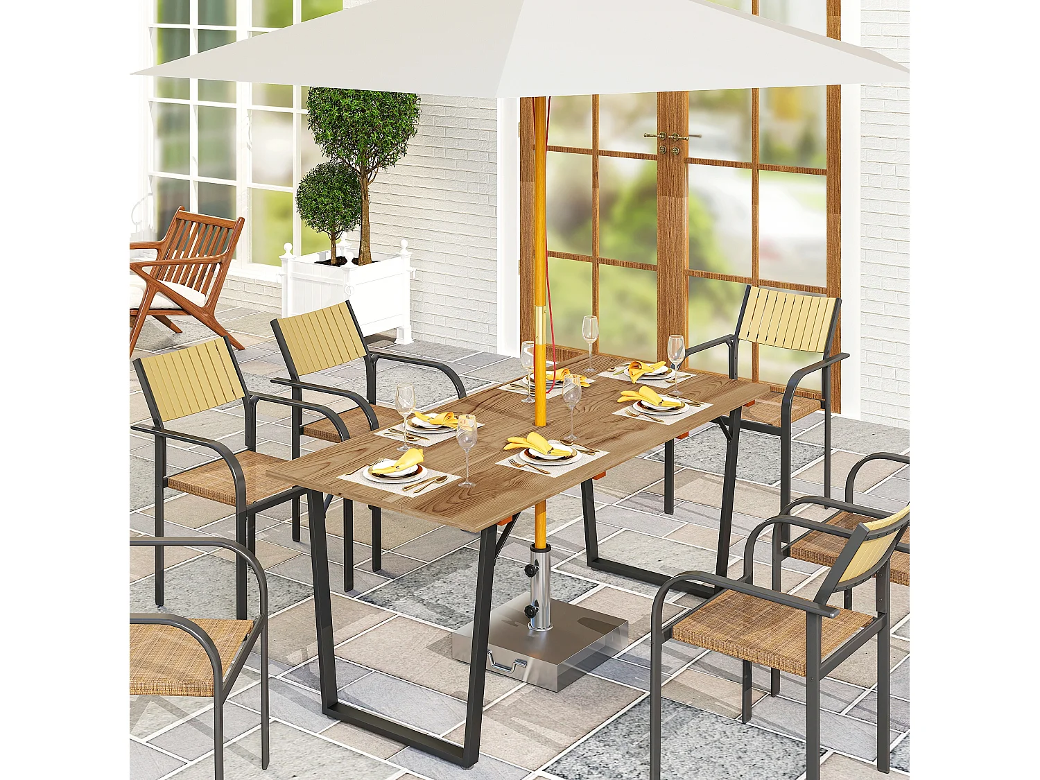 EasyComfort Tavolo da Giardino Rettangolare a 6 Posti con Foro per Ombrellone, Legno e Acciaio, 175x80x75 cm, Marrone