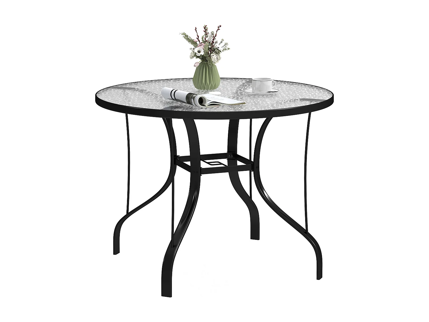 EasyComfort Tavolino da Giardino Rotondo con Foro per Ombrellone, in Metallo e Vetro Temperato, Ø96.5x71 cm, Nero