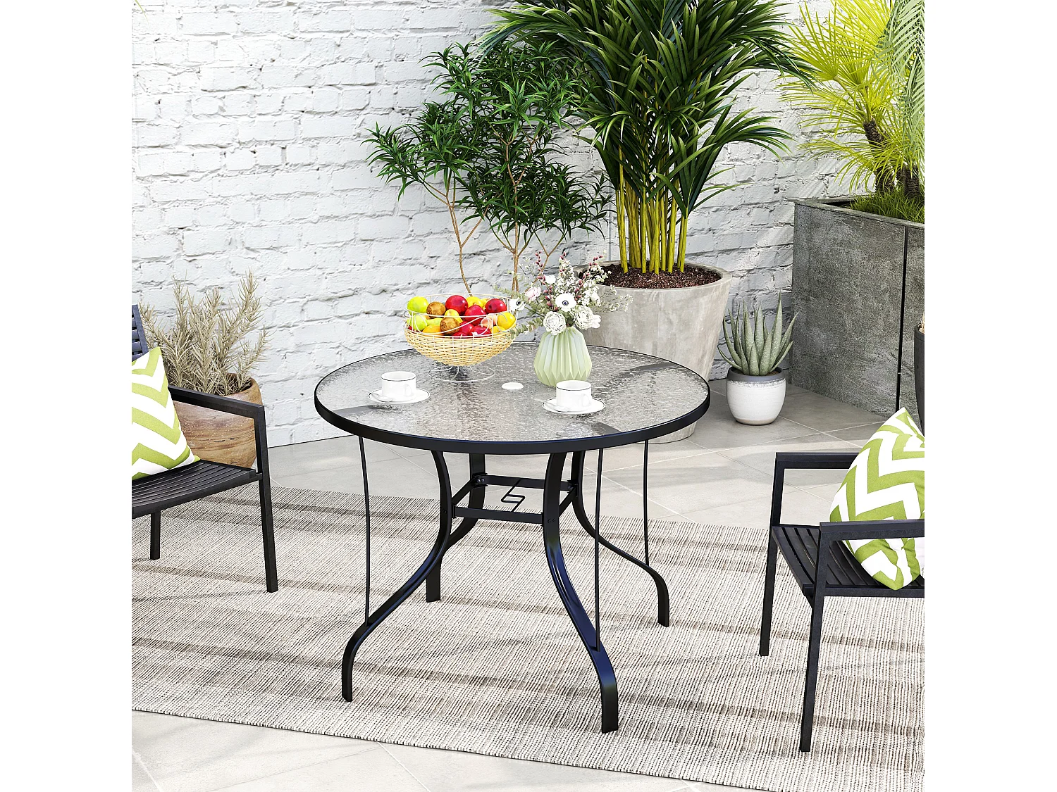 EasyComfort Tavolino da Giardino Rotondo con Foro per Ombrellone, in Metallo e Vetro Temperato, Ø96.5x71 cm, Nero