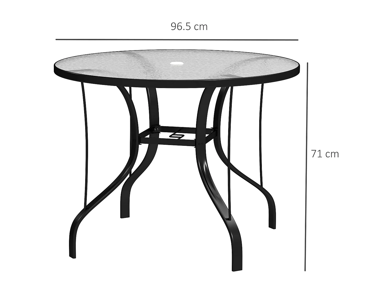 EasyComfort Tavolino da Giardino Rotondo con Foro per Ombrellone, in Metallo e Vetro Temperato, Ø96.5x71 cm, Nero