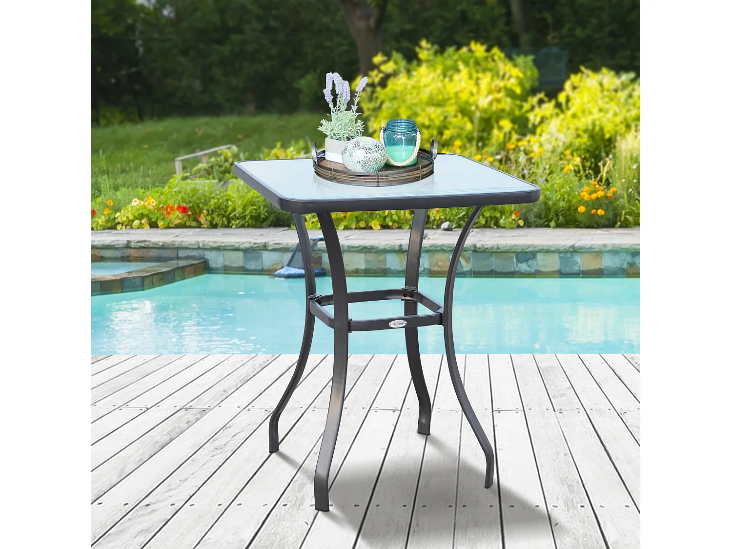 EasyComfort Tavolino Moderno Piano in Vetro Temperato, Tavolo da Giardino Esterno Metallo 68.5x68.5x84cm Grigio