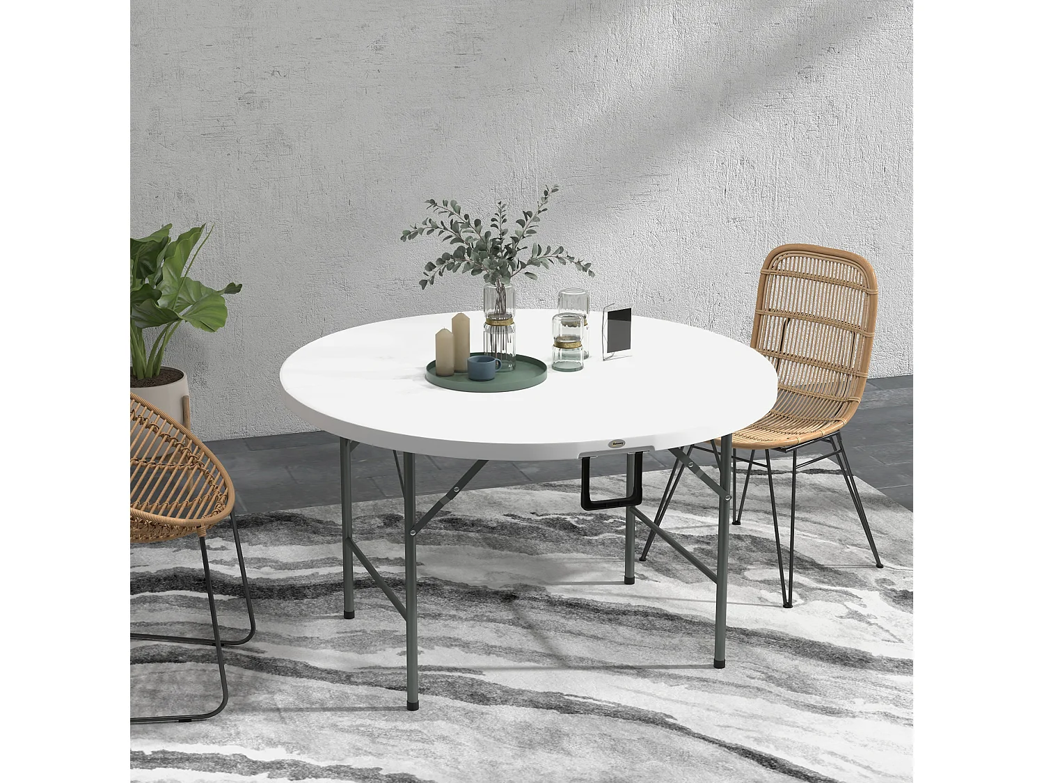 EasyComfort Tavolo Pieghevole per Giardino e Campeggio, in Acciaio e HDPE, Ø122x73 cm, Grigio e Bianco
