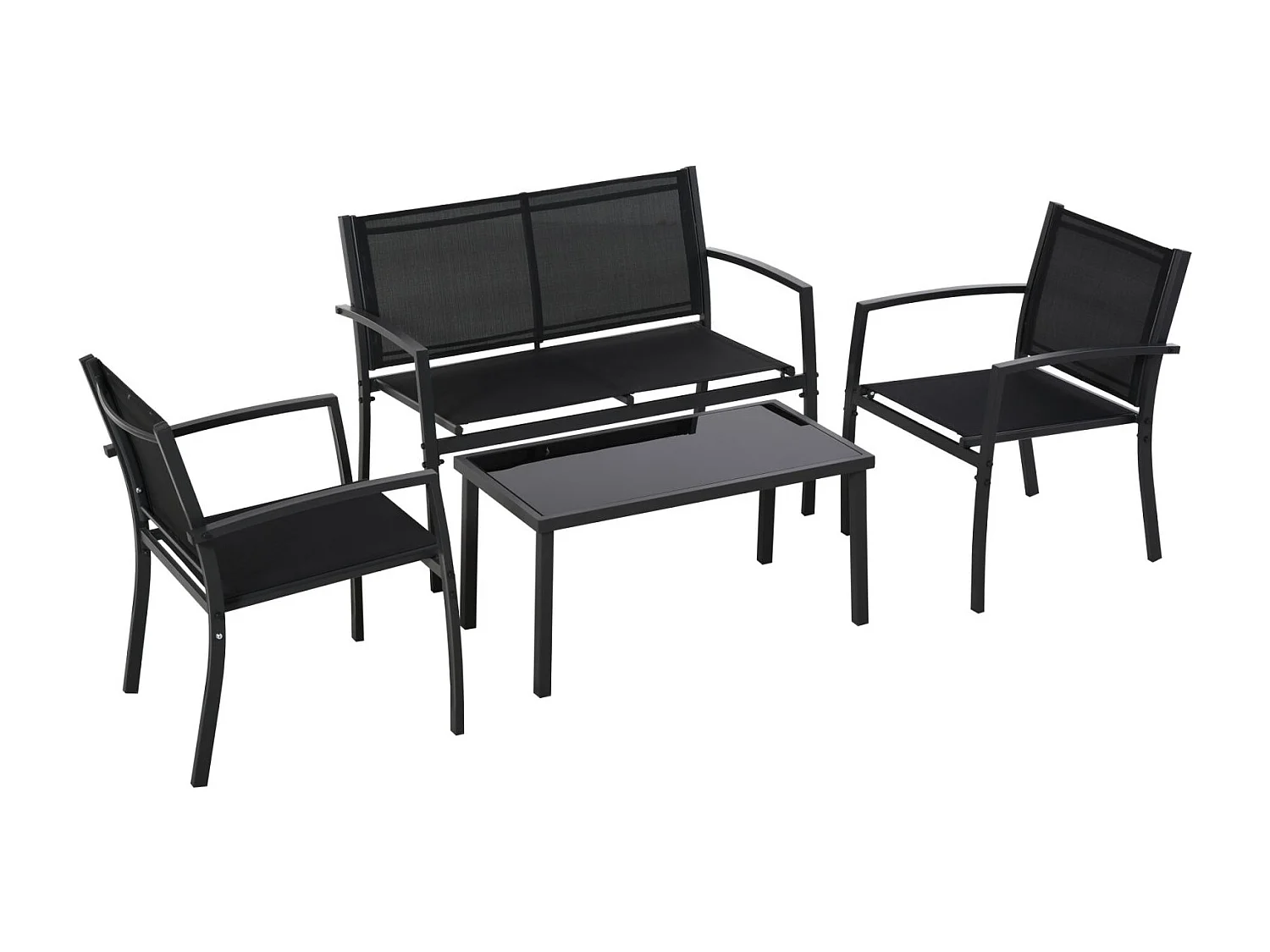 EasyComfort Salotto da Esterno, Set 4 Pezzi con 1 Tavolino, 2 Sedie da Giardino e 1 Panca in Metallo, Nero