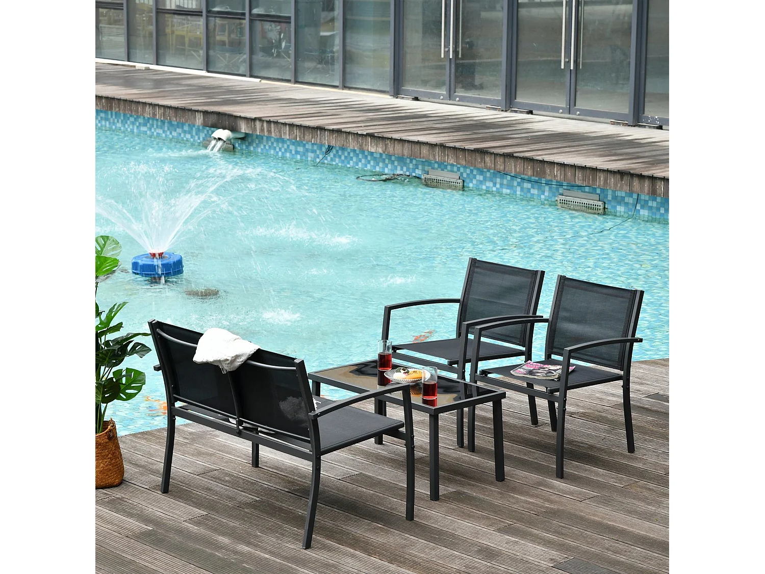 EasyComfort Salotto da Esterno, Set 4 Pezzi con 1 Tavolino, 2 Sedie da Giardino e 1 Panca in Metallo, Nero