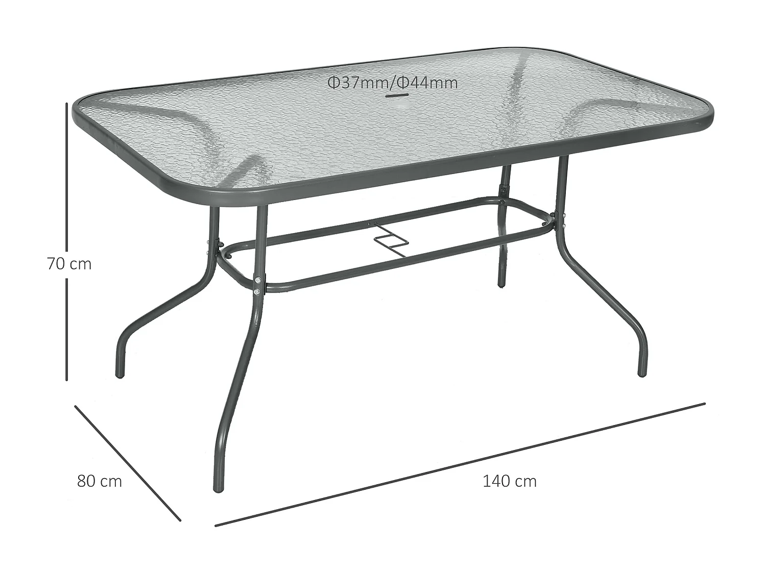 Easycomfort Tavolo da Giardino con Foro per Ombrellone, Arredamento da Esterno in Metallo e Vetro 140x80x70cm Grigio