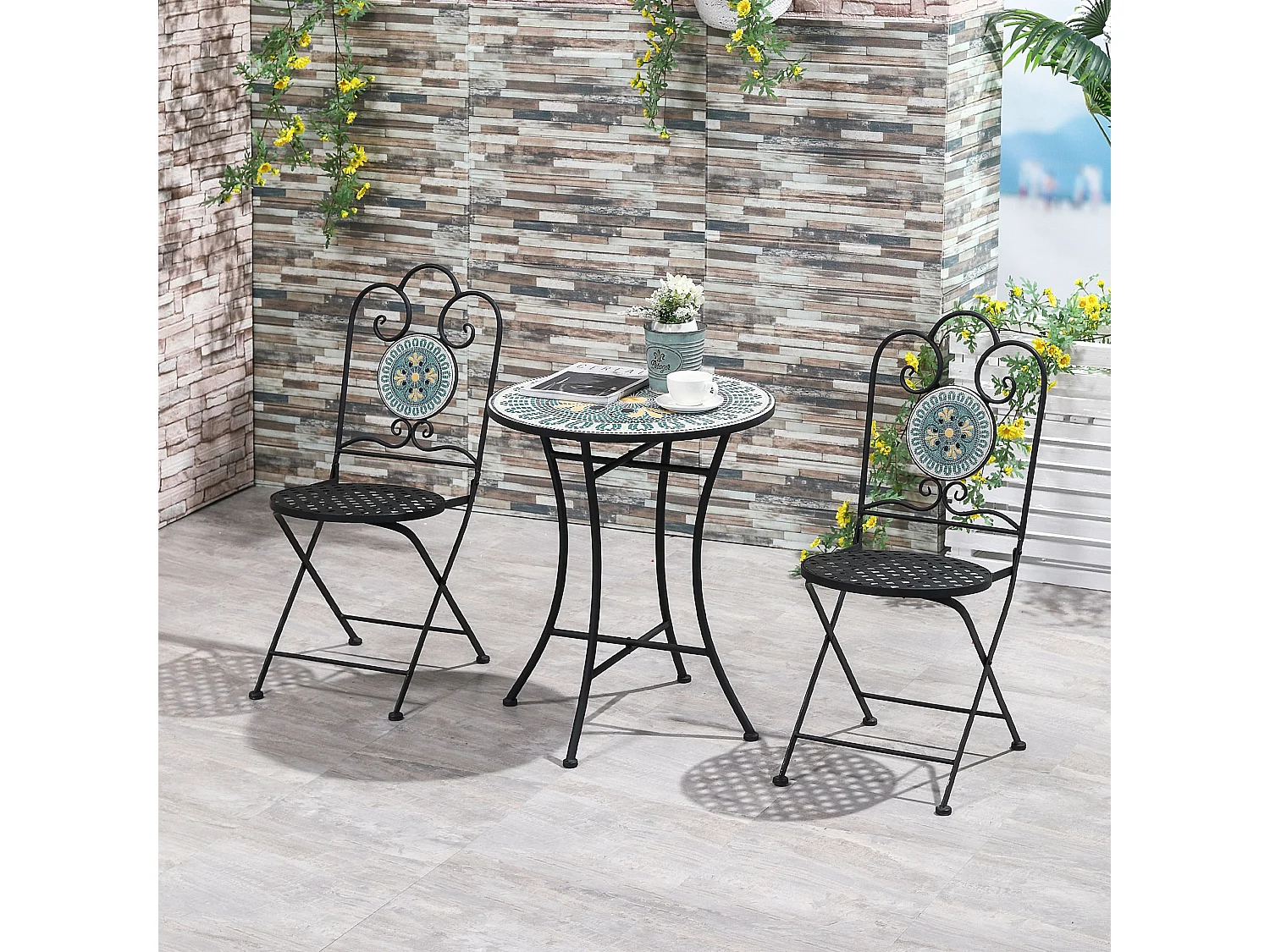 Easycomfort Set da Giardino 3 Pezzi con Mosaico, Tavolino e 2 Sedie Pieghevoli, Verde