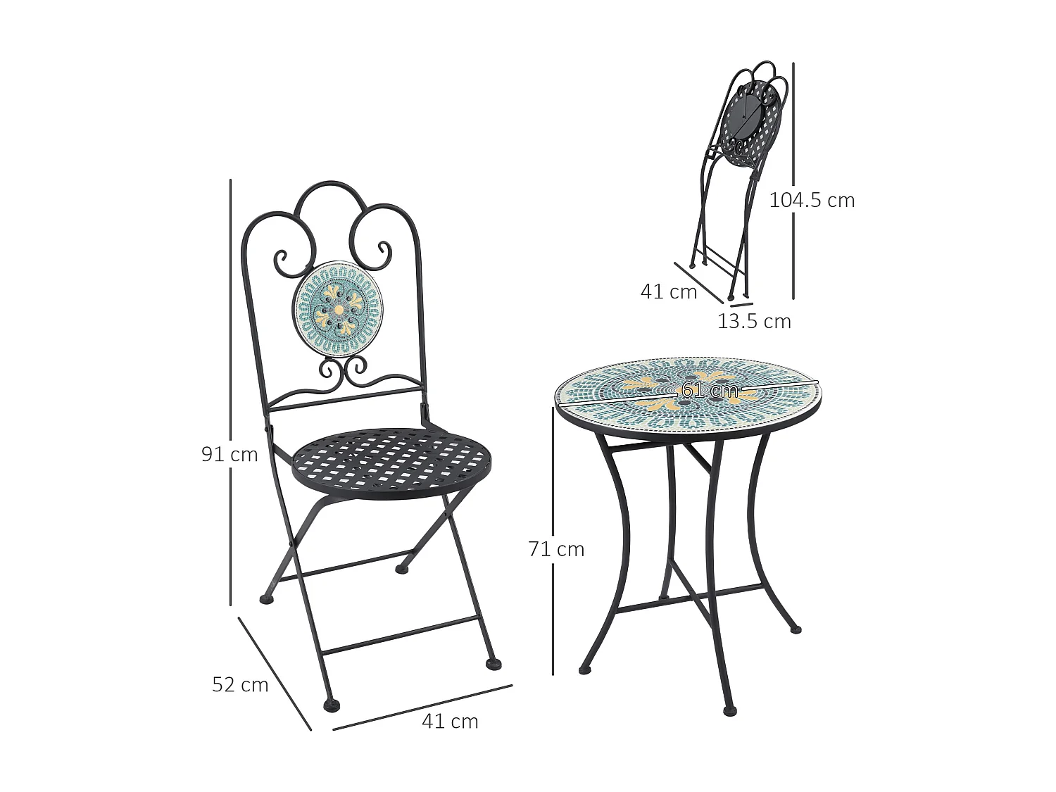 Easycomfort Set da Giardino 3 Pezzi con Mosaico, Tavolino e 2 Sedie Pieghevoli, Verde