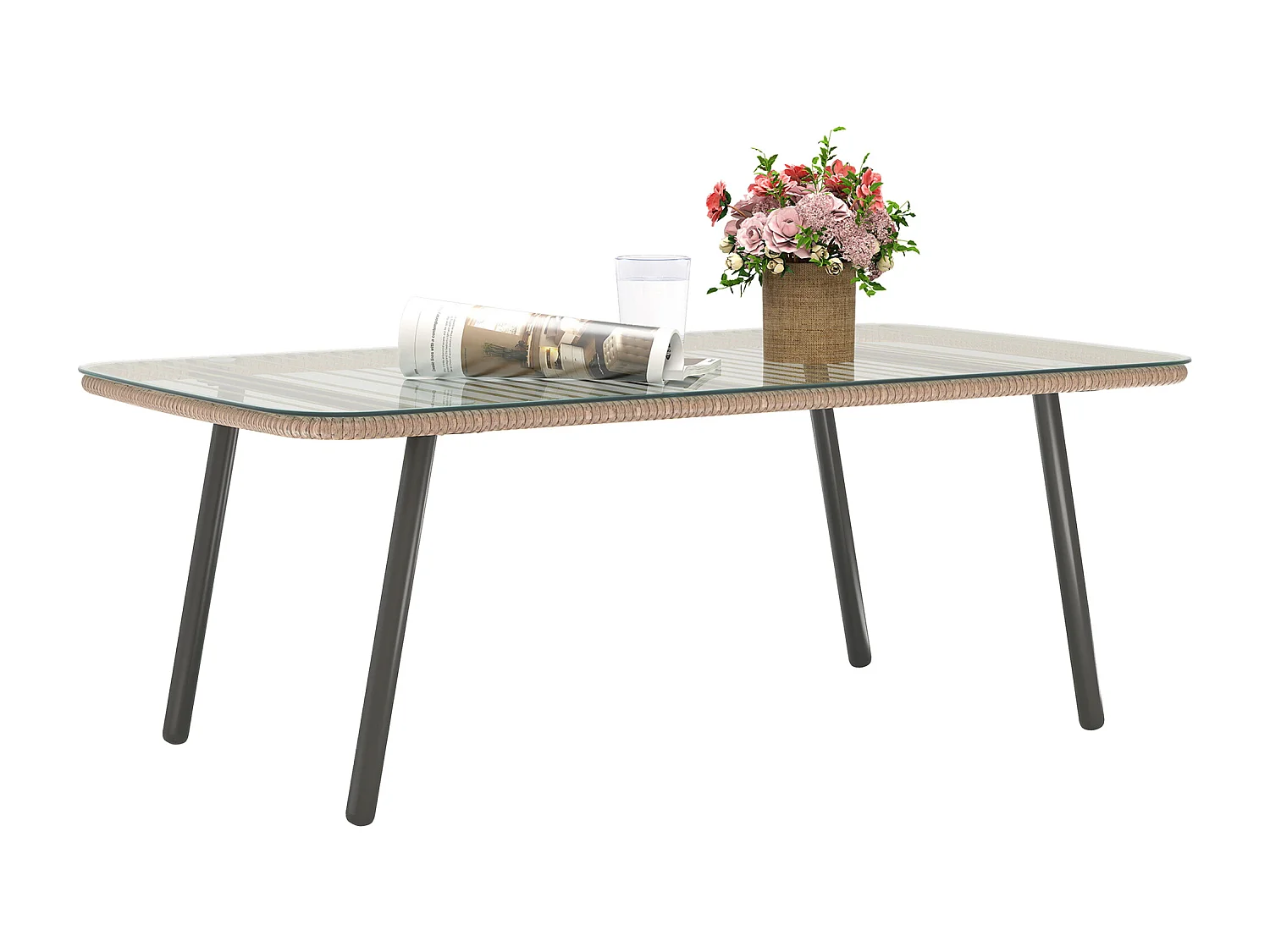 EasyComfort Tavolino da Giardino in Rattan PE con Piano in Vetro e Acciaio, 110x60x40 cm, Legno Naturale