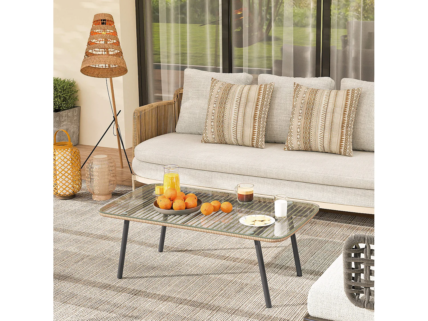 EasyComfort Tavolino da Giardino in Rattan PE con Piano in Vetro e Acciaio, 110x60x40 cm, Legno Naturale