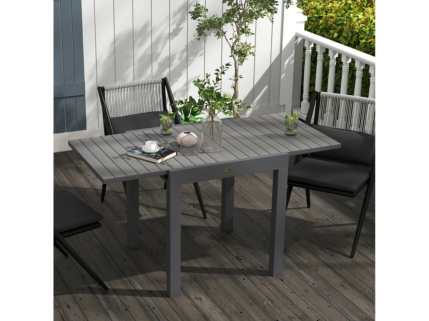 EasyComfort Tavolo da Giardino Allungabile per 4-6 Persone con Piano a Doghe, in Alluminio, 81/162x80x75 cm, Grigio