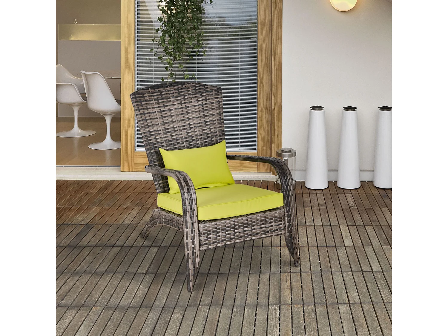 EasyComfort Sedia da Giardino Adironrack con Braccioli e Cuscini, Sedia in Rattan e Acciaio per Interni ed Esterni, 64x80x90 cm, Verde